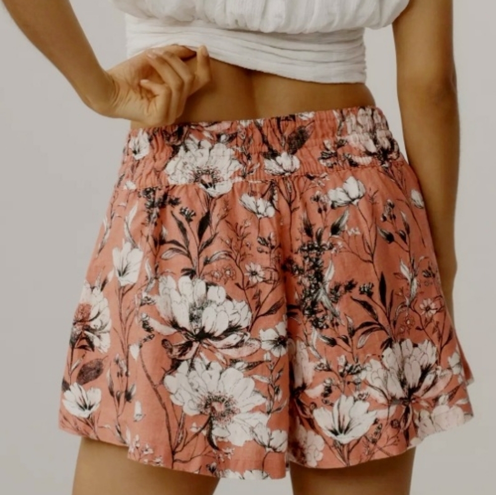 Anthropologie Floral High Waist Shorts in Coral Somerset Shorts: Linen Edition - Picture 4 of 5